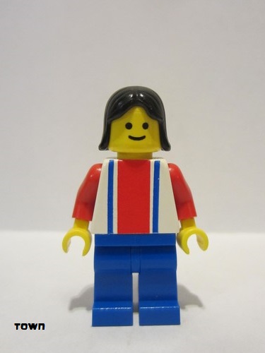 lego 1985 mini figurine ver017 Citizen Vertical Lines Red & Blue - Red Arms - Blue Legs, Black Female Hair 