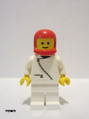 lego 1985 mini figurine zip040 Citizen Jacket with Zipper - White, White Legs, Red Classic Helmet 