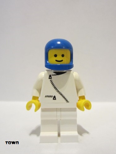 lego 1985 mini figurine zip043 Citizen Jacket with Zipper - White, White Legs, Blue Classic Helmet 