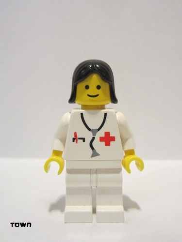 lego 1986 mini figurine doc016 Doctor Stethoscope, White Legs, Black Female Hair 