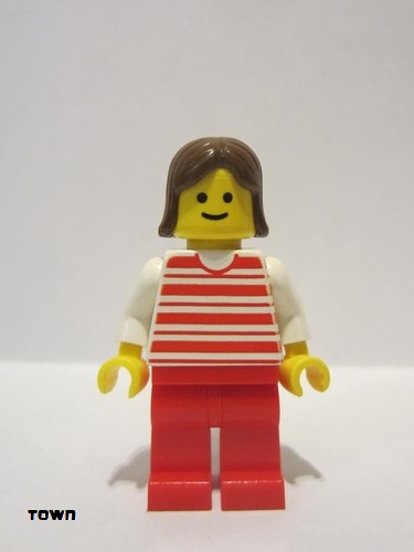 lego 1986 mini figurine hor021 Citizen Horizontal Lines Red - White Arms - Red Legs, Brown Female Hair 