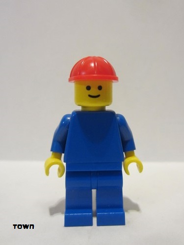 lego 1986 mini figurine pln076 Citizen Plain Blue Torso with Blue Arms, Blue Legs, Red Construction Helmet 