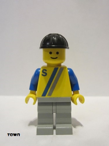 lego 1986 mini figurine s003 Citizen 'S' - Yellow with Blue / Gray Stripe, Light Gray Legs, Black Construction Helmet 