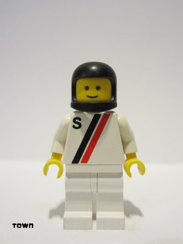 lego 1986 mini figurine s010 Citizen 'S' - White with Red / Black Stripe, White Legs, Black Classic Helmet 