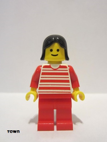 lego 1986 mini figurine trn010 Citizen Horizontal Lines Red - Red Arms - Red Legs, Black Female Hair 