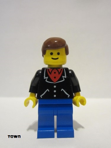 lego 1986 mini figurine trn101 Citizen Suit with 3 Buttons Black - Blue Legs, Brown Male Hair 
