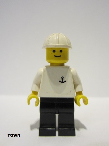 lego 1987 mini figurine boat003 Boat Worker Torso with Anchor, Black Legs, White Construction Helmet 