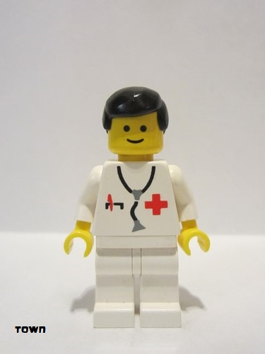 lego 1987 mini figurine doc002 Doctor Stethoscope, White Legs, Black Male Hair 