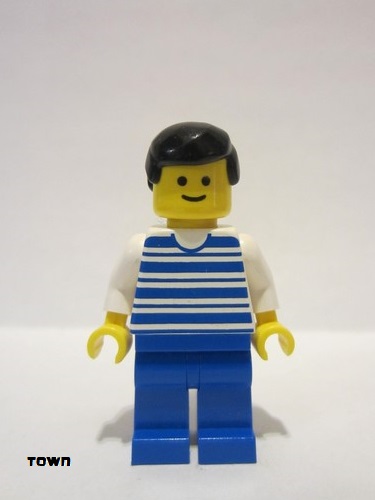 lego 1987 mini figurine hor004 Citizen Horizontal Lines Blue - White Arms - Blue Legs, Black Male Hair, White Arms 