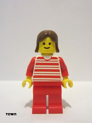 lego 1987 mini figurine hor015 Citizen Horizontal Lines Red - Red Arms - Red Legs, Brown Female Hair 