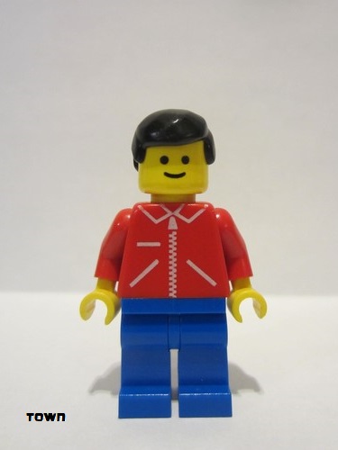 lego 1987 mini figurine jred001 Citizen Jacket Red with Zipper - Red Arms - Blue Legs, Black Male Hair 