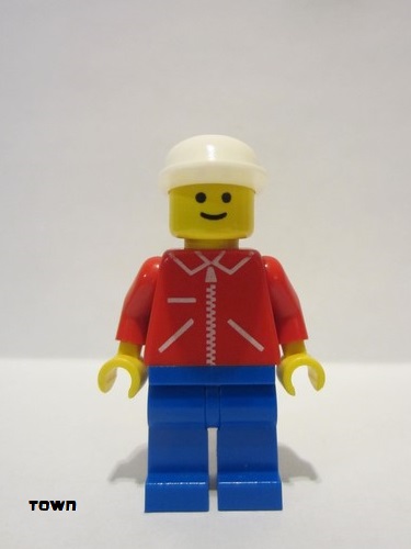 lego 1987 mini figurine jred003 Citizen Jacket Red with Zipper - Red Arms - Blue Legs, White Cap 