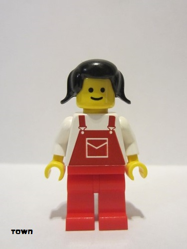 lego 1987 mini figurine ovr009 Citizen Overalls Red with Pocket, Red Legs, Black Pigtails Hair 