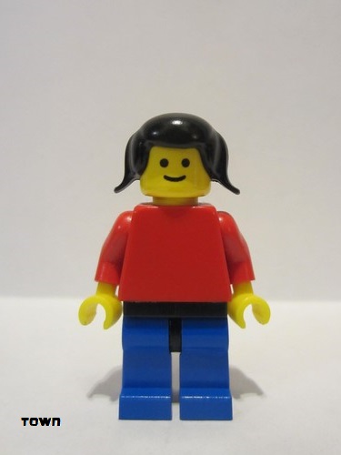 lego 1987 mini figurine pln110 Citizen Plain Red Torso with Red Arms, Blue Legs with Black Hips, Black Pigtails Hair 