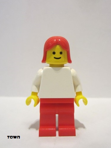 lego 1987 mini figurine pln115 Citizen Plain White Torso with White Arms, Red Legs, Red Female Hair 