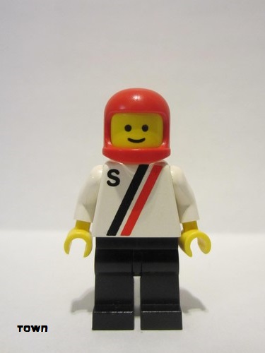 lego 1987 mini figurine s011 Citizen 'S' - White with Red / Black Stripe, Black Legs, Red Classic Helmet 