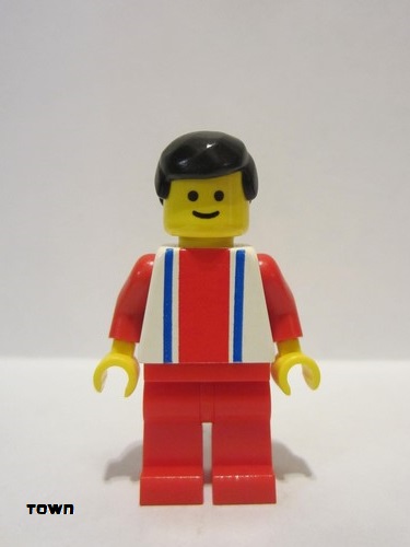 lego 1987 mini figurine ver014 Citizen Vertical Lines Red & Blue - Red Arms - Red Legs, Black Male Hair 