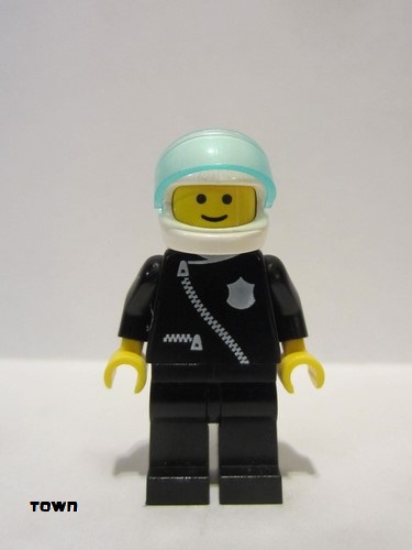 lego 1988 mini figurine cop004 Police Zipper with Badge, Black Legs, White Helmet, Trans-Light Blue Visor 