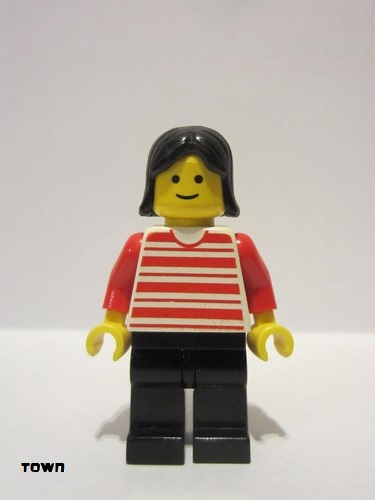 lego 1988 mini figurine hor005 Citizen Horizontal Lines Red - Red Arms - Black Legs, Black Female Hair 
