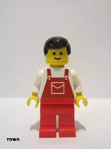 lego 1988 mini figurine ovr010 Citizen Overalls Red with Pocket, Red Legs, Black Male Hair 