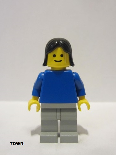lego 1988 mini figurine pln044 Citizen Plain Blue Torso with Blue Arms, Light Gray Legs, Black Female Hair 
