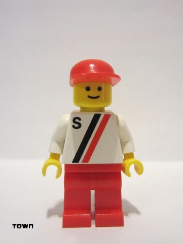 lego 1988 mini figurine s002 Citizen 'S' - White with Red / Black Stripe, Red Legs, Red Cap 
