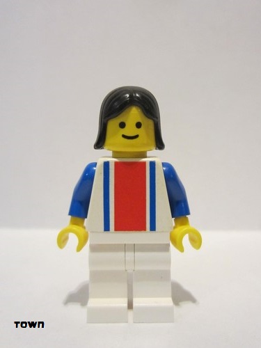 lego 1988 mini figurine ver008 Citizen Vertical Lines Red & Blue - Blue Arms - White Legs, Black Female Hair 