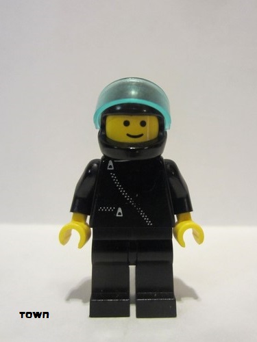 lego 1988 mini figurine zip003 Citizen Jacket with Zipper - Black, Black Legs, Black Helmet, Trans-Light Blue Visor 