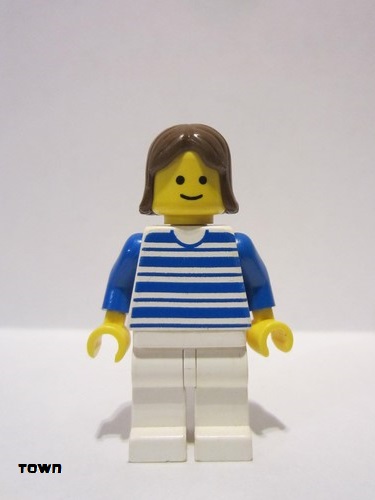 lego 1989 mini figurine hor017 Citizen Horizontal Lines Blue - Blue Arms - White Legs, Brown Female Hair 