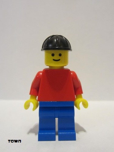lego 1989 mini figurine pln042 Citizen Plain Red Torso with Red Arms, Blue Legs, Black Construction Helmet 