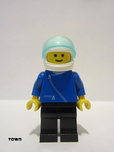 lego 1989 mini figurine zip026 Citizen Jacket with Zipper - Blue, Black Legs, White Helmet, Trans-Light Blue Visor 