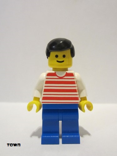 lego 1990 mini figurine hor001 Citizen Horizontal Lines Red - White Arms - Blue Legs, Black Male Hair 