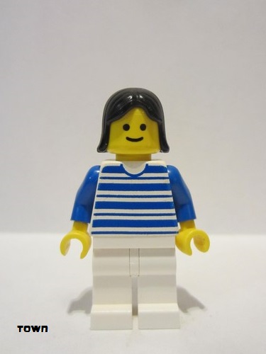 lego 1990 mini figurine hor009 Citizen Horizontal Lines Blue - Blue Arms - White Legs, Black Female Hair 