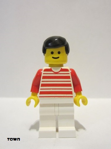 lego 1990 mini figurine hor013 Citizen Horizontal Lines Red - Red Arms - White Legs, Black Male Hair 