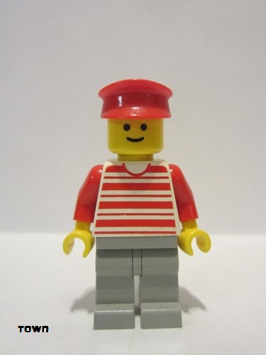 lego 1990 mini figurine hor018 Citizen Horizontal Lines Red - Red Arms - Light Gray Legs, Red Hat 