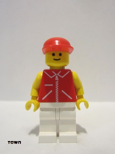 lego 1990 mini figurine jred006 Citizen Jacket Red with Zipper - Yellow Arms - White Legs, Red Cap 