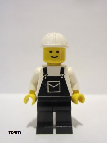 lego 1990 mini figurine ovr021 Citizen Overalls Black with Pocket, Black Legs, White Construction Helmet 
