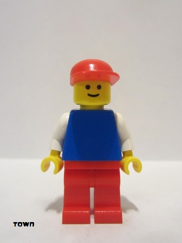 lego 1990 mini figurine pln038 Citizen Plain Blue Torso with White Arms, Red Legs, Red Cap 