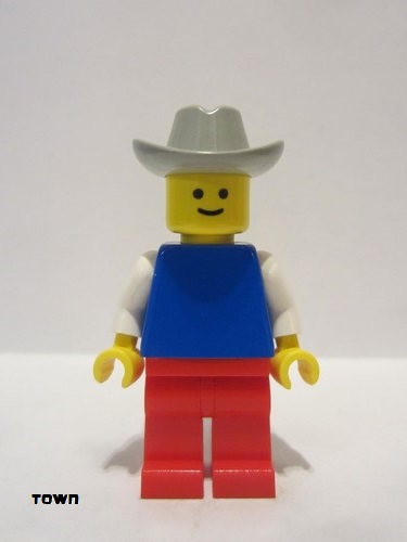 lego 1990 mini figurine pln039 Citizen Plain Blue Torso with White Arms, Red Legs, Light Gray Cowboy Hat 