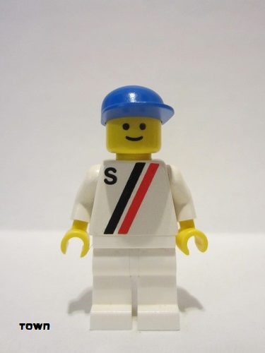 lego 1990 mini figurine s009 Citizen 'S' - White with Red / Black Stripe, White Legs, Blue Cap 