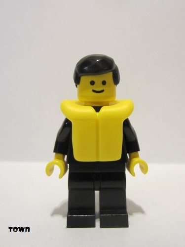 lego 1991 mini figurine cop016 Police Suit with 4 Buttons, Black Legs, Black Male Hair, Life Jacket 