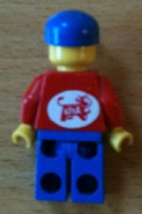 lego 1991 mini figurine jred024s Citizen Jacket Red with Zipper - Red Arms - Blue Legs, Blue Cap with Arla Dairy Logo Pattern on Back (Sticker) 