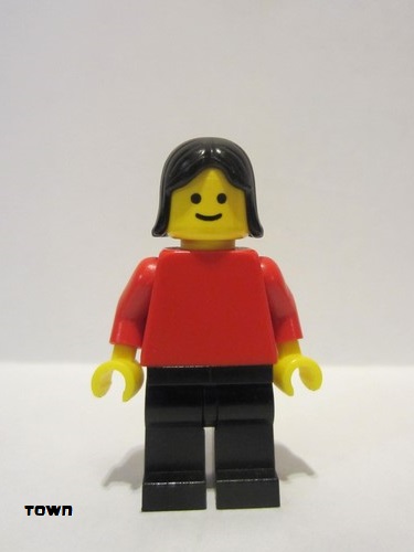 lego 1991 mini figurine pln145 Citizen Plain Red Torso with Red Arms, Black Legs, Black Female Hair 