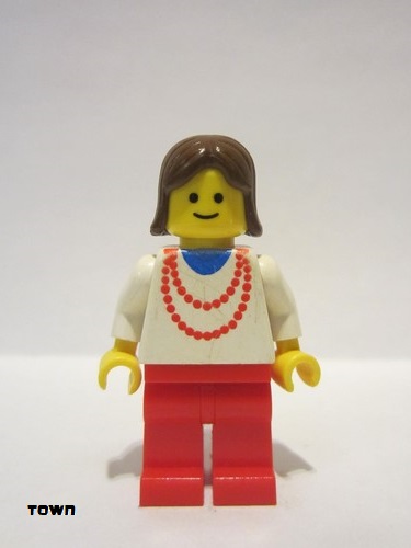 lego 1991 mini figurine trn008 Citizen Necklace Red - Red Legs, Brown Female Hair 