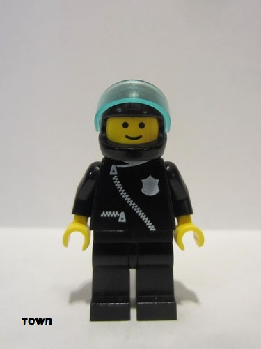 lego 1992 mini figurine cop027 Police Zipper with Badge, Black Legs, Black Helmet, Trans-Light Blue Visor 
