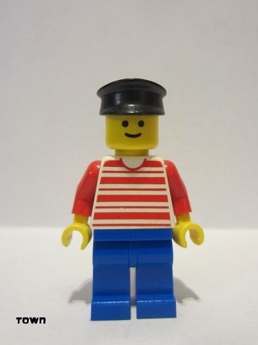 lego 1992 mini figurine hor016 Citizen Horizontal Lines Red - Red Arms - Blue Legs, Black Hat 