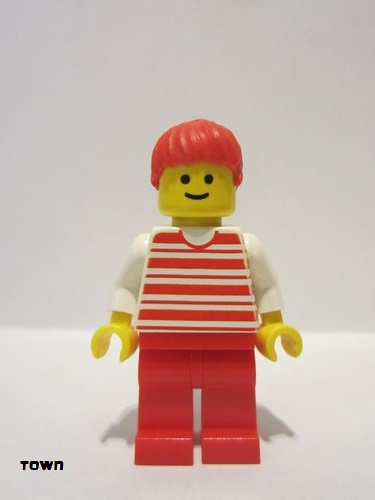 lego 1992 mini figurine hor024 Citizen Horizontal Lines Red - White Arms - Red Legs, Red Ponytail Hair 