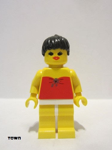 lego 1992 mini figurine par009 Citizen Red Halter Top - Yellow Legs, Black Ponytail Hair, Open Mouth 