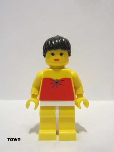 lego 1992 mini figurine par009a Citizen Red Halter Top - Yellow Legs, Black Ponytail Hair, Closed Mouth 