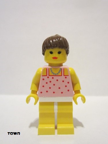 lego 1992 mini figurine par011 Citizen Red Dots on Pink Shirt - Yellow Legs, Brown Ponytail Hair, Closed Mouth 